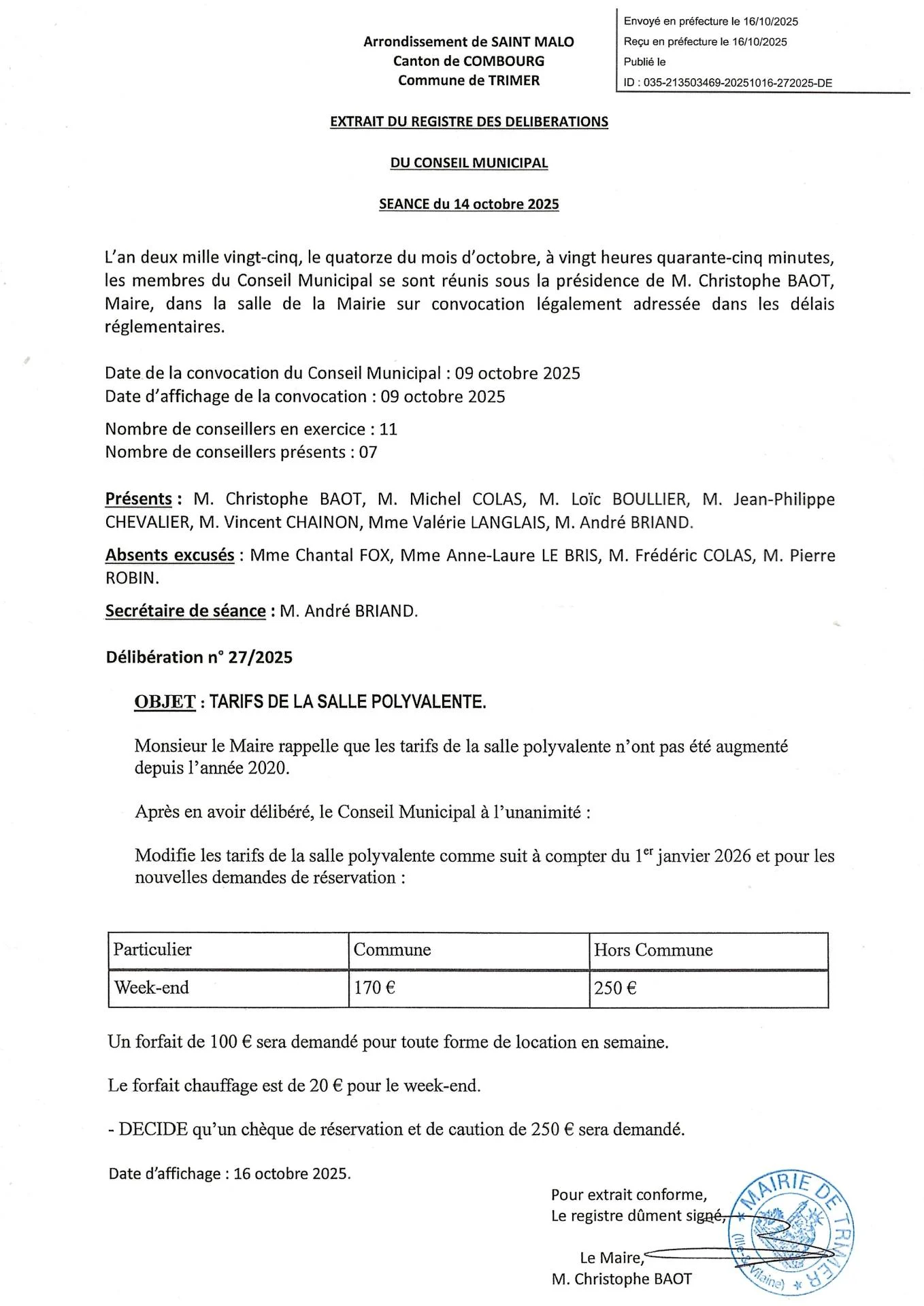 Delib 27 2025 tarifs locat sp